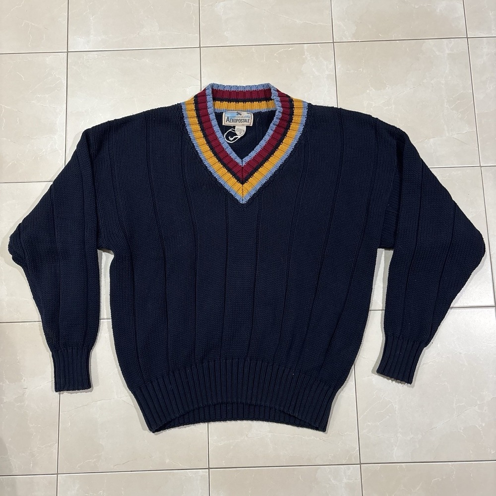 Vintage Aeropostale Compagnie Generale Sweater V Neck Mens M Knit Blue Pullover